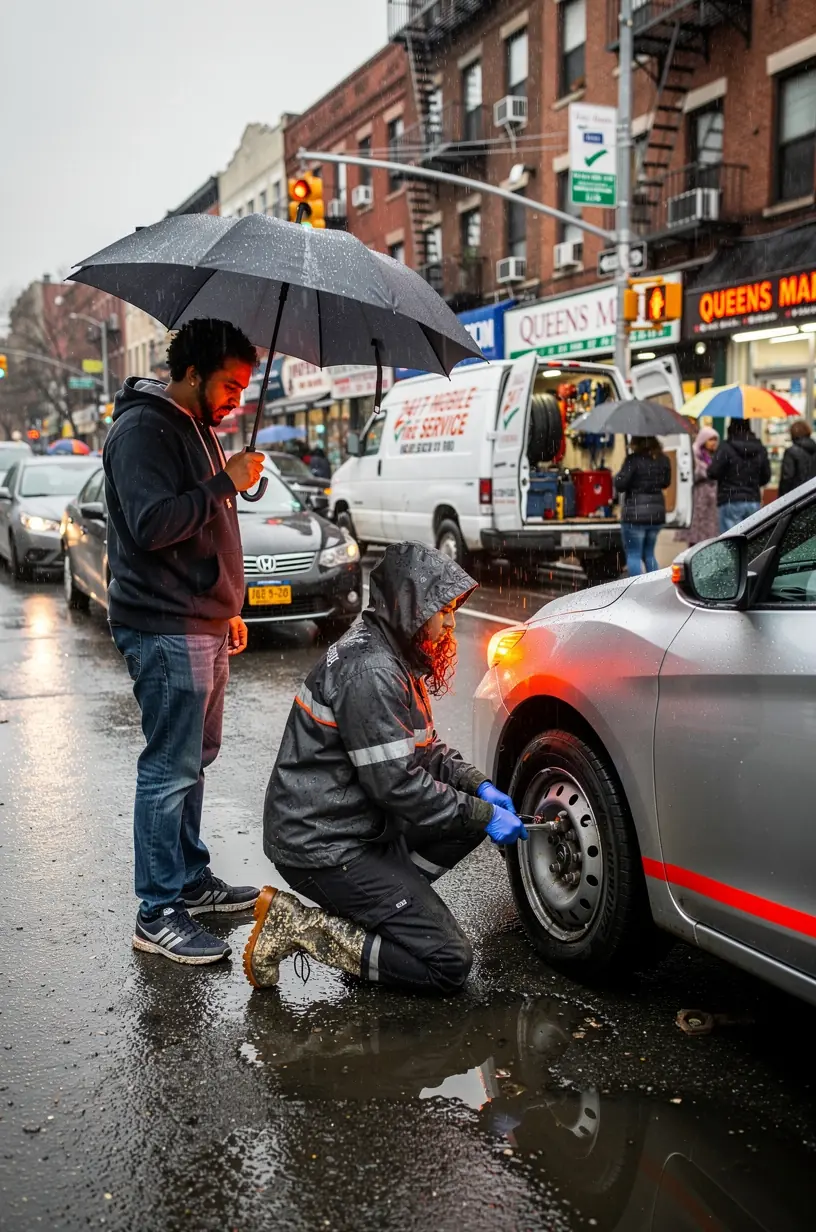 New York City skyline with a mobile tire service van ready to assist stranded drivers.