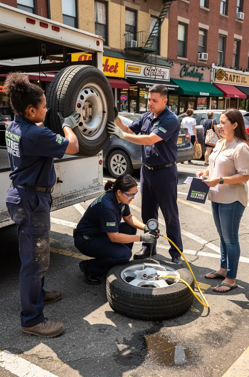 Mobile tire service van with branded signage parked beside a vehicle needing emergency tire support.